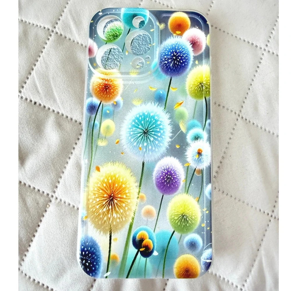 iPhone 16 Pro Max Case Colorful Dandelion Floral Clear Protective Cover